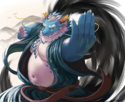 Rule 34 | 1boy, animal ear fluff, aqua hair, aqua skin, bara, bare pectorals, beard, belly, chest hair, dragon boy, dragon horns, facial hair, fat, fat man, fighting stance, floating clothes, foreshortening, full beard, furry, furry male, guadr, highres, horns, huge eyebrows, japanese clothes, kimono, large pectorals, long mustache, male focus, mature male, mountain, multicolored hair, mustache, navel, navel hair, nipples, open clothes, open kimono, pectorals, qinglong (housamo), slit pupils, solo, tokyo houkago summoners, two-tone beard, two-tone hair, white hair, yellow eyes