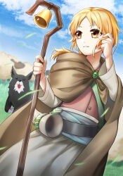 Rule 34 | 1girl, bell, blonde hair, brown cape, cape, day, dog, enekk, horns, long hair, monoton (neoteto), nora arento, outdoors, playing with own hair, ponytail, shepherd&#039;s crook, single horn, spice and wolf, standing, yellow eyes