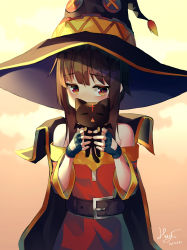 Rule 34 | 1girl, absurdres, animal, bandages, bare shoulders, belt, black belt, black cape, black gloves, blush, breasts, brown background, brown hair, cape, cat, chomusuke, commentary request, covering own mouth, cutout gloves, dated, dress, fingerless gloves, gloves, gradient background, hands up, hat, highres, holding, holding animal, holding cat, kono subarashii sekai ni shukufuku wo!, long sleeves, looking at viewer, megumin, open mouth, red dress, red eyes, short hair, signature, sleepy, solo, triangle mouth, witch hat, yansae81