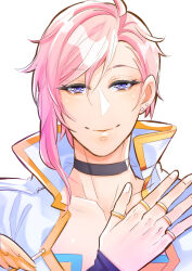 Rule 34 | 1boy, absurdres, asymmetrical bangs, bishounen, black choker, cardinal (ragnarok online), choker, closed mouth, collarbone, commentary request, earrings, hair between eyes, highres, jacket, jewelry, long bangs, looking at viewer, male focus, multiple rings, noxxia39, pink hair, popped collar, purple eyes, ragnarok online, ring, short hair, simple background, smile, solo, stud earrings, upper body, white background, white jacket
