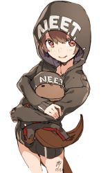 Rule 34 | 1girl, blush, brown eyes, brown hair, closed mouth, clothes writing, cropped legs, dated, fuyuno kamome, highres, hood, hood up, hoodie, looking at viewer, hugging object, original, short hair, signature, sketch, smile, solo