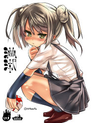 Rule 34 | &gt;:t, 10s, 1girl, :t, bad id, bad nicoseiga id, blue socks, blush, box, brown hair, double bun, from side, full body, gift, gift box, grey skirt, hair bun, holding, kantai collection, kneehighs, logo, long hair, looking at viewer, michishio (kancolle), pout, red footwear, shirt, shoes, short sleeves, simple background, sitting, skirt, socks, solo, squatting, suspender skirt, suspenders, sweat, tokita monta, twintails, twitter username, v-shaped eyebrows, vambraces, white background, white shirt, yellow eyes