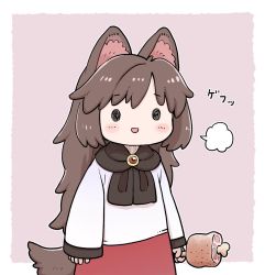 Rule 34 | 1girl, :d, puff of air, animal ear fluff, animal ears, blush, boned meat, border, brooch, brown hair, chibi, dress, food, full body, imaizumi kagerou, jewelry, long hair, long sleeves, meat, open mouth, poronegi, simple background, smile, solo, tail, touhou, white border, wide sleeves, wolf ears, wolf tail