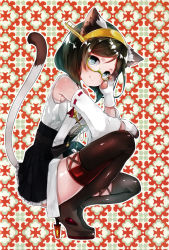 Rule 34 | 1girl, adjusting eyewear, animal ears, animal hands, artist request, black hair, blush, boots, breasts, cat ears, cat tail, closed mouth, detached sleeves, fang, fang out, full body, glasses, gloves, green-framed eyewear, hairband, headgear, high heels, highres, japanese clothes, kantai collection, kemonomimi mode, kirishima (kancolle), large breasts, looking at viewer, nontraditional miko, patterned background, paw gloves, ribbon-trimmed sleeves, ribbon trim, semi-rimless eyewear, short hair, skirt, smile, solo, squatting, suzuho hotaru, tail, thigh boots, thighhighs, under-rim eyewear