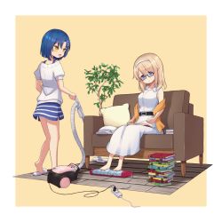 Rule 34 | 2girls, aoyama blue mountain, barefoot, belt, black belt, blonde hair, blue eyes, book, book stack, closed mouth, collarbone, dress, extension cord, foot massage, from behind, glasses, gochuumon wa usagi desu ka?, hairband, mate rin, mohei, multiple girls, open mouth, purple eyes, reading, simple background, sitting, skirt, slippers, striped clothes, striped skirt, vacuum cleaner, white dress, yellow background, yellow eyes
