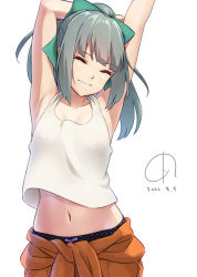 Rule 34 | 1girl, 4690 (tkpbsk), armpits, arms up, black panties, bow, bow panties, breasts, closed eyes, closed mouth, collarbone, cowboy shot, dated, green bow, hair bow, kantai collection, light green hair, medium hair, midriff, navel, orange overalls, overalls, panties, pantyshot, polka dot, polka dot panties, ponytail, signature, small breasts, solo, stretching, tank top, tied overalls, underwear, white background, white tank top, yuubari (kancolle)