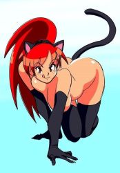 Rule 34 | 1girl, all fours, animal ears, ass, black gloves, black thighhighs, breasts, cat ears, cat tail, elbow gloves, fake animal ears, gloves, long hair, looking at viewer, nude, red eyes, red hair, smile, solo, tail, thighhighs, watatanza