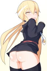 Rule 34 | 1girl, ass, belt, black jacket, black sailor collar, black thighhighs, blonde hair, blush, bottomless, bright pupils, cowboy shot, cunachio, fang, from behind, from side, gradient background, hair between eyes, half-closed eyes, hands up, highres, jacket, kantai collection, leaning forward, long hair, long sleeves, looking at viewer, looking back, necktie, no panties, open mouth, red belt, sailor collar, satsuki (kancolle), sleeves past wrists, smile, solo, standing, thick thighs, thighhighs, thighs, tongue, turning head, twintails, white necktie, white pupils, yellow background, yellow eyes