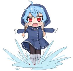 Rule 34 | 1girl, aqua hair, black pantyhose, blonde hair, blue coat, blush, boots, chibi, coat, fang, gloves, hair between eyes, hood, hood up, junes, kantai collection, long hair, low twintails, multicolored hair, open mouth, pantyhose, puddle, raincoat, red eyes, sado (kancolle), simple background, skin fang, solo, splashing, twintails, water, white background, white gloves