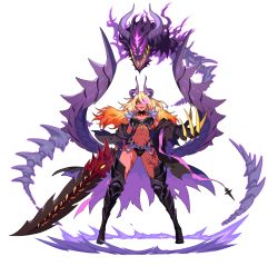 Rule 34 | 1girl, absurdres, armored boots, blonde hair, boots, breasts, cape, claws, dark magician beth, demon girl, flaming eye, full body, grin, guardian tales, highres, holding, holding sword, holding weapon, long hair, looking at viewer, medium breasts, navel, official art, scar, scar on leg, smile, solo, standing, sword, tan, toned, transparent background, weapon