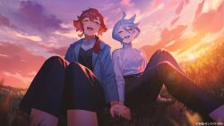 Rule 34 | 2girls, absurdres, aged up, ahoge, closed eyes, commentary, couple, grass, grey hair, gundam, gundam suisei no majo, happy, highres, holding hands, jewelry, laughing, miorine rembran, mogumo, multiple girls, official art, open mouth, red hair, ring, short hair, shoulder-to-shoulder, side ponytail, sitting, spoilers, suletta mercury, sunset, thick eyebrows, wedding ring, wife and wife, yuri