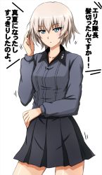 Rule 34 | 1girl, alternate hairstyle, black skirt, blue eyes, blush, closed mouth, commentary, cowboy shot, dress shirt, girls und panzer, grey shirt, half-closed eyes, hand in own hair, hand on own hip, highres, insignia, itsumi erika, kuromorimine school uniform, light frown, long sleeves, looking at viewer, miniskirt, motion lines, omachi (slabco), pleated skirt, school uniform, shirt, short hair, silver hair, simple background, skirt, solo, standing, translated, white background, wing collar