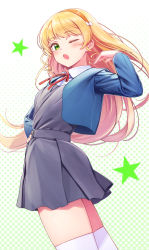 Rule 34 | 1girl, blonde hair, blue jacket, collared shirt, cowboy shot, deadnooodles, dress, from side, green eyes, grey dress, hairband, hand on own hip, hand up, heanna sumire, highres, jacket, long hair, long sleeves, looking at viewer, love live!, neck ribbon, one eye closed, open clothes, open jacket, open mouth, orange hairband, red ribbon, ribbon, shirt, short dress, solo, star (symbol), thighhighs, white shirt, white thighhighs