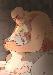 Rule 34 | 1boy, 1girl, absurdres, bald, barefoot, bed, blonde hair, blush, brick wall, chanko 122, dorshe, dress, gown, grey pants, highres, hilling (ousama ranking), hug, long hair, mature female, mature male, muscular, muscular male, one-eyed, ousama ranking, pants, profile, scar, scar on chest, scar on face, scar on neck, scar on stomach, sitting, teardrop, topless male, undressing another, white dress