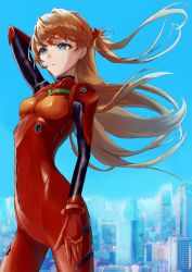 Rule 34 | 1girl, absurdres, artist request, blue sky, bodysuit, breasts, brown hair, cowboy shot, floating hair, gloves, highres, long hair, looking away, neon genesis evangelion, plugsuit, red bodysuit, shiny clothes, signature, simple background, skin tight, sky, solo, souryuu asuka langley, two side up, very long hair