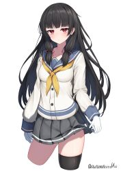Rule 34 | 1girl, absurdres, black hair, black thighhighs, blue sailor collar, breasts, buttons, cowboy shot, cropped legs, gloves, grey skirt, hair ribbon, highres, isokaze (kancolle), kantai collection, long hair, looking at viewer, m-&gt;g, neckerchief, pleated skirt, red eyes, red ribbon, ribbon, sailor collar, simple background, single thighhigh, skirt, solo, thighhighs, tress ribbon, twitter username, white background, white gloves, yellow neckerchief