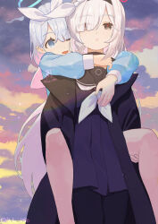 Rule 34 | 2girls, arona (blue archive), blue archive, blue eyes, carrying, cowboy shot, feet out of frame, grey eyes, hair over one eye, highres, hug, hug from behind, long hair, long sleeves, multiple girls, neckerchief, parted lips, piggyback, plana (blue archive), sou (pale 1080), white hair