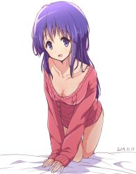 Rule 34 | 1girl, all fours, blue eyes, blue hair, blush, breasts, cleavage, collarbone, dated, highres, hinata yukari, long hair, looking at viewer, mel (melty pot), open mouth, pink sweater, simple background, small breasts, smile, solo, sweater, white background, yuyushiki