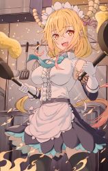 Rule 34 | 1girl, absurdres, apron, black thighhighs, blonde hair, breasts, choker, collared shirt, colored tips, cooking, cowboy shot, dragon girl, dragon horns, dragon tail, dual wielding, egg, fangs, fire, food, frills, frying pan, gloves, gradient hair, hair between eyes, highres, holding, holding frying pan, horns, kitchen, kitchen hood, kobayashi-san chi no maidragon, ladle, large breasts, long hair, looking at object, low ponytail, maid, maid apron, maid headdress, multicolored hair, omelet, open mouth, orange hair, shirt, sleeveless, slit pupils, solo, spatula, tail, teeth, thighhighs, tohru (maidragon), upper teeth only, very long hair, whisk, white gloves, yozora (1wkdgusdn), zettai ryouiki