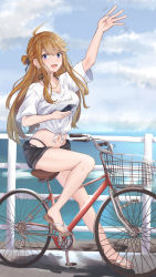 Rule 34 | 1girl, absurdres, ahoge, bicycle, bikini, bikini under clothes, blue eyes, breasts, brown hair, cellphone, earrings, full body, highres, holding, holding phone, idolmaster, idolmaster million live!, izuminnu, jewelry, long hair, looking at viewer, medium breasts, midriff, nail polish, navel, necklace, ocean, open mouth, phone, riding, riding bicycle, road, sandals, shirt, sketch, smartphone, smile, solo, swept bangs, swimsuit, swimsuit under clothes, tied shirt, toenail polish, toenails, tokoro megumi, waving, white shirt