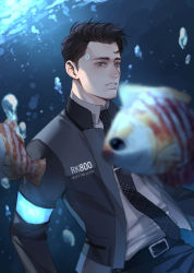 Rule 34 | 1boy, android, arethusa smile, belt, black hair, brown eyes, bubble, connor (detroit), detroit: become human, expressionless, highres, jacket, looking at viewer, male focus, necktie, open clothes, pants, shirt, solo, tropical fish, underwater, upper body