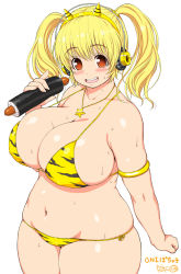 Rule 34 | 1girl, animal print, bikini, blonde hair, blush, breasts, cleavage, curvy, covered erect nipples, fake horns, fangs, flower, food, groin, hairband, headphones, horns, hot dog, huge breasts, jewelry, looking at viewer, makizushi, mascot, md5 mismatch, navel, necklace, nitroplus, oni, oni horns, open mouth, orange eyes, panties, plump, sausage, short hair, sideboob, smile, solo, standing, star necklace, super pochaco, sushi, sweat, swimsuit, thick thighs, thighs, tiger print, tsuji santa, twintails, underwear, wide hips