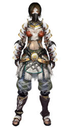 Rule 34 | armor, arms at sides, atlantica online, brown hair, fingerless gloves, gloves, mask, midriff, red eyes, sandals, short hair, simple background, solo, white background