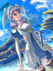 Rule 34 | 1girl, blue eyes, braid, breasts, closed mouth, commentary request, crown braid, curly hair, dress, dutch angle, gloves, grey hair, head wings, highres, juliet sleeves, long sleeves, makna armour, medium breasts, melia antiqua, o-ring, outdoors, puffy sleeves, short dress, solo, staff, tai56839808, thighhighs, wings, xenoblade chronicles (series), xenoblade chronicles 1