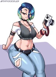 Rule 34 | 1girl, bare shoulders, belt, blue hair, blue pants, breasts, brown eyes, camera, cleavage, cowboy shot, creatures (company), crop top, curvy, game freak, green hair, half-closed eyes, highres, looking at viewer, medium breasts, midriff, multicolored hair, narrow waist, navel, nintendo, pants, perrin (pokemon), pokemon, pokemon sv, shiny skin, short hair, simple background, sitting, solo, tippydoodles, two-tone hair, white background, wide hips, wristband