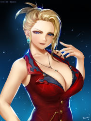 Rule 34 | 1girl, artist name, bare shoulders, black nails, blonde hair, blue eyes, bra, breasts, cleavage, collarbone, curly hair, dress, earrings, easonx, evil smile, final fantasy, final fantasy vii, final fantasy vii remake, jewelry, lace, lace-trimmed bra, lace trim, large breasts, looking at viewer, nail polish, necklace, patreon username, red dress, scarlet (ff7), short ponytail, sidelocks, smile, solo, square enix, underwear