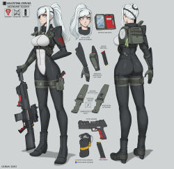 Rule 34 | 1girl, arm guards, artist name, ass, assault rifle, back, blue eyes, bodysuit, boots, breasts, character name, character sheet, commentary, english commentary, english text, explosive, eyepatch, full body, genkai zero, grenade, gun, handgun, high heel boots, high heels, highres, holding, holding gun, holding weapon, holster, holstered, knife, long hair, looking at viewer, magazine (weapon), medium breasts, multiple views, original, pistol, ponytail, rifle, scar, scar across eye, scar on face, standing, valestina (genkai zero), watermark, weapon