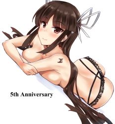 Rule 34 | 1girl, ass, black hair, black panties, body writing, breasts, dutch angle, hair ribbon, hime cut, hiyou (kancolle), kantai collection, large breasts, long hair, looking at viewer, lying, minase (takaoka nanase), on stomach, panties, red eyes, ribbon, simple background, smile, solo, tally, topless, underwear, underwear only, white background