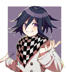Rule 34 | 1boy, aka tonbo (lililil), black hair, blush, buttons, checkered clothes, checkered scarf, danganronpa (series), danganronpa v3: killing harmony, double-breasted, fang, grin, hair between eyes, hands up, jacket, long sleeves, male focus, oma kokichi, outline, purple background, purple eyes, scarf, signature, smile, teeth, upper body, white background, white outline