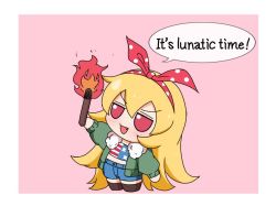 Rule 34 | 1girl, alternate costume, american flag shirt, arm up, blonde hair, blue shorts, blush, boots, border, brown footwear, chibi, clownpiece, coat, commentary request, english text, fang, fire, full body, fumo (doll), green coat, hair between eyes, hairband, hand up, holding, holding torch, long hair, long sleeves, looking up, open clothes, open coat, open mouth, outside border, pink background, polka dot, polka dot hairband, polka dot ribbon, puffy long sleeves, puffy sleeves, red eyes, red hairband, red ribbon, ribbon, shirt, shorts, simple background, smile, solo, speech bubble, standing, star (symbol), star print, striped clothes, striped shirt, t-shirt, tasuku (tusktouhou4), torch, touhou, v-shaped eyebrows, very long hair, white border