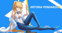 Rule 34 | 1girl, absurdres, arm support, arm up, artoria pendragon (all), artoria pendragon (fate), artoria pendragon (swimsuit ruler) (fate), bare shoulders, blonde hair, blue background, blue necktie, blue pantyhose, blue theme, braid, breasts, buta (sakana9785), center opening, character name, cleavage, detached collar, english text, fate/grand order, fate (series), female focus, fishnet pantyhose, fishnets, french braid, from side, full body, fur (clothing), gold trim, green eyes, hair between eyes, high heels, highres, knee up, leotard, long hair, looking at viewer, medium breasts, navel, necktie, pantyhose, parted lips, playboy bunny, ponytail, rabbit ears, shoes, unworn shoes, short necktie, sidelocks, sitting, solo, strapless, strapless leotard, tiara, very long hair, white footwear, white leotard, wrist cuffs, yellow headwear
