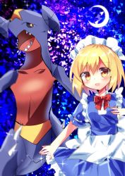 Rule 34 | 1girl, absurdres, blonde hair, bow, bowtie, chisen maimai, creatures (company), crescent moon, game freak, garchomp, gen 4 pokemon, highres, looking at viewer, maid, maid headdress, moon, mugetsu (touhou), nintendo, open mouth, pokemon, pokemon (creature), red bow, red bowtie, short hair, short sleeves, touhou, touhou (pc-98), yellow eyes