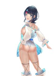 Rule 34 | 1girl, absurdres, ass, back, bare shoulders, black hair, blue eyes, blue ribbon, blunt bangs, blush, breasts, dress, fate/grand order, fate/requiem, fate (series), fundoshi, grey background, hand on own hip, highres, japanese clothes, large breasts, long sleeves, looking at viewer, looking back, magatama, magatama hair ornament, medium hair, multicolored hair, nakagawa kanon (pixiv32798535), open mouth, polearm, puffy long sleeves, puffy sleeves, ribbon, shiny skin, short dress, sideboob, sideless outfit, smile, streaked hair, thighs, transparent background, utsumi erice, weapon, white legwear