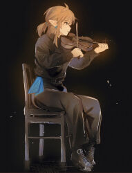 Rule 34 | 1boy, alternate costume, belt, belt buckle, black belt, black footwear, black pants, black shirt, blonde hair, blue eyes, bow (music), buckle, chair, collared shirt, earrings, full body, holding instrument, holding violin, instrument, jewelry, link, long sleeves, male focus, medium hair, music, nintendo, pants, parted lips, playing instrument, pointy ears, ponytail, shanodesu, shirt, shoes, sitting, solo, the legend of zelda, the legend of zelda: breath of the wild, violin, wooden chair
