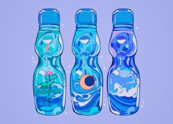 Rule 34 | blue background, blue theme, bottle, crescent moon, drink, highres, lily pad, meyoco, moon, no humans, original, ramune, simple background, water, water lily flower, waves