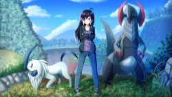 Rule 34 | 1girl, absol, ahoge, alternate color, alternate shiny pokemon, black footwear, black gloves, black hair, black jacket, blue pants, blue sky, bridge, cloud, commentary, commission, creatures (company), crossed arms, day, denim, english commentary, fingerless gloves, game freak, gen 3 pokemon, gen 5 pokemon, gloves, hair over one eye, haxorus, highres, hood, hood down, hooded jacket, jacket, jeans, long hair, long sleeves, looking at viewer, mountain, nintendo, open clothes, open jacket, original, outdoors, pants, pokemon, pokemon (creature), prophosphere, purple eyes, purple shirt, red eyes, shirt, shoes, sky, standing, tree, v-shaped eyebrows, very long hair