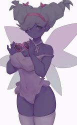 Rule 34 | 1girl, alternate form, bare shoulders, blonde hair, blush, breasts, cleavage, closed mouth, colored skin, commentary, covered erect nipples, covered navel, cowboy shot, unworn eyewear, fairy wings, frilled leotard, frills, gaoerji, gradient wings, hairband, heart, heart-shaped eyewear, highres, holding, holding removed eyewear, large breasts, leotard, looking at viewer, multicolored wings, pink-framed eyewear, pink leotard, pink thighhighs, pout, purple eyes, purple skin, simple background, skindentation, solo, star butterfly, star vs the forces of evil, strap slip, sunglasses, swept bangs, thighhighs, twintails, white background, wings