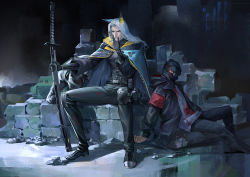 Rule 34 | 3boys, animal ears, arknights, armband, beard, belt, black footwear, black gloves, black headwear, black pants, blood, blood on clothes, blue cape, cape, corpse, facial hair, gloves, hellagur (arknights), holding, holding sword, holding weapon, hood, hooded jacket, jacket, knee pads, long hair, long sleeves, male focus, multiple boys, mustache, old, old man, pants, reunion soldier (arknights), rubble, ruoruoqiuu, scabbard, sheath, silver hair, sitting, smoking, sword, weapon