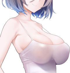 Rule 34 | 1girl, blue hair, breast focus, breasts, camisole, cleavage, closed mouth, collarbone, head out of frame, kanzaki muyu, large breasts, no bra, original, short hair, solo, upper body, white background