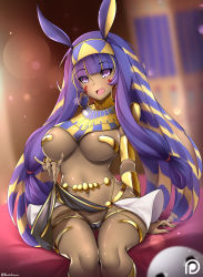 Rule 34 | 1girl, blush, bracelet, breasts, cameltoe, dark-skinned female, dark skin, earrings, egyptian, egyptian clothes, facial mark, fate/grand order, fate (series), hairband, highres, jewelry, kentchiro souriyadeth, large breasts, long hair, looking at viewer, nitocris (fate), nitocris (third ascension) (fate), open mouth, purple eyes, purple hair, shiny skin, sitting, smile, solo, very long hair