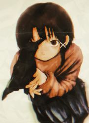 Rule 34 | 1girl, absurdres, animal, asymmetrical hair, bird, bird on hand, blue skirt, brown eyes, covering one eye, crow, from above, hair ornament, hairclip, highres, iwakura lain, long sleeves, looking at viewer, pink sweater, ranm12s, serial experiments lain, single sidelock, skirt, sweater, white background, x hair ornament