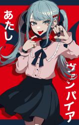 Rule 34 | 1girl, absurdres, black nails, black ribbon, black skirt, center frills, claw pose, commentary, cowboy shot, drop shadow, ear piercing, fang, frills, hair ornament, hand up, hatsune miku, heart, heart hair ornament, highres, jewelry, letterboxed, long hair, long sleeves, looking at viewer, lyrics, mask, mask pull, mouth mask, open mouth, piercing, pink shirt, pleated skirt, ribbon, sakuya 93, shadow, shirt, skirt, smile, solo, spring onion earrings, standing, tongue, tongue out, twintails, vampire (vocaloid), vocaloid