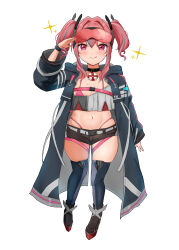 Rule 34 | 1girl, absurdres, aged down, ankle boots, arm up, azur lane, belt, bikini, bikini under clothes, black choker, black footwear, black shorts, blue coat, blue thighhighs, blush, boots, bremerton (azur lane), buckle, chest strap, choker, coat, commentary request, crop top, crop top overhang, eyewear on head, flat chest, full body, grey belt, grey hair, grey skirt, grey thighhighs, hair between eyes, hair ornament, highleg, highleg bikini, highres, lifebuoy ornament, long hair, long sleeves, looking at viewer, midriff, mole, mole on chest, mole under eye, multicolored hair, navel, open clothes, open coat, pink bikini, pink eyes, pink hair, pink nails, red-tinted eyewear, salute, shirt, short shorts, shorts, sidelocks, simple background, skindentation, skirt, smile, snap-fit buckle, solo, soul (dp11), standing, streaked hair, sunglasses, swimsuit, thigh strap, thighhighs, tinted eyewear, tongue, tongue out, twintails, two-tone hair, two-tone legwear, two-tone shirt, white background, white shirt, wristband