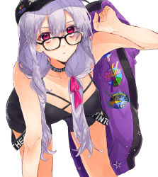 Rule 34 | 1girl, absurdres, baseball cap, breasts, cleavage, earrings, fate/grand order, fate (series), glasses, hat, heroic spirit tour outfit, highres, jacket, jacket over shoulder, jewelry, kama (fate), kama (tour outfit) (fate), konsento, leaning forward, long hair, pink eyes, shorts, silver hair, stud earrings, unworn jacket