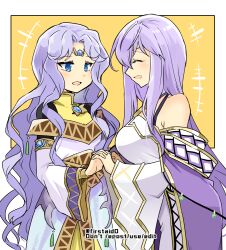 Rule 34 | 2girls, bare shoulders, blue eyes, circlet, closed eyes, dress, fire emblem, fire emblem: genealogy of the holy war, fire emblem: thracia 776, holding hands, julia (fire emblem), long hair, looking at another, looking to the side, multiple girls, nintendo, open mouth, purple hair, sara (fire emblem), simple background, yukia (firstaid0)