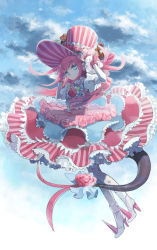 Rule 34 | &gt;:), 1girl, blue eyes, boots, bow, cloud, cloudy sky, cuffs, detached sleeves, dress, elizabeth bathory (fate), elizabeth bathory (fate/extra ccc), elizabeth bathory (third ascension) (fate), fate/grand order, fate (series), flower, hands on headwear, hat, high heel boots, high heels, highres, hiyo (y hiyoshi), layered dress, pink hair, rose, shoes, sky, solo, spiked shoes, spikes, striped clothes, striped dress, striped headwear, stuffed animal, stuffed toy, tail, tail bow, tail ornament, top hat, v-shaped eyebrows, vertical-striped clothes, vertical-striped dress, vertical-striped headwear